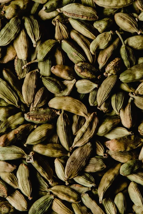 Pile of whole green cardamom pods