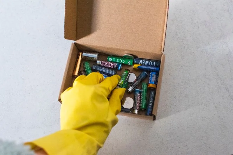 Used batteries collected in a box for recycling